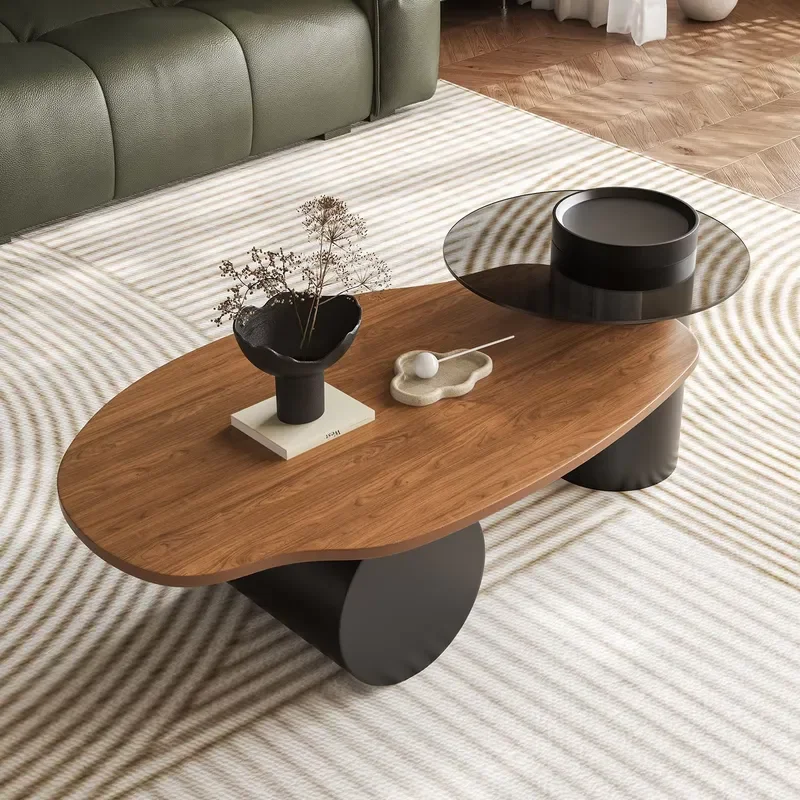 Living Room Home Use Mid-century Style Walnut Wood Solid Irregular Designer Coffee Table Minimalist Light High-end