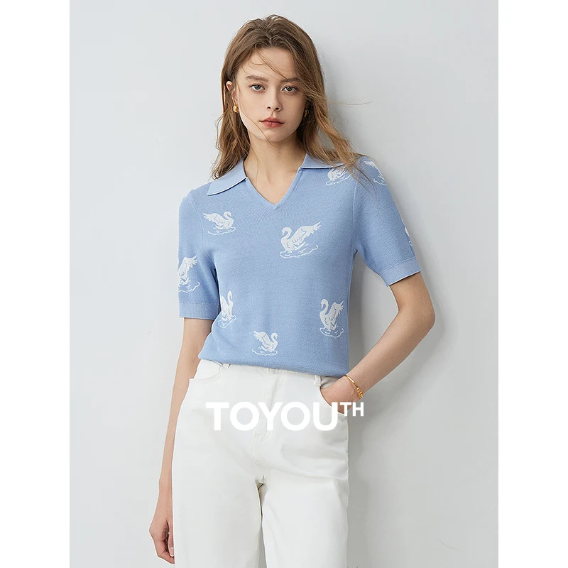 TOYOUTH-Camisa feminina de malha, jacquard cisne, gola polo em forma de V, top de manga curta, verão, novo, 2024