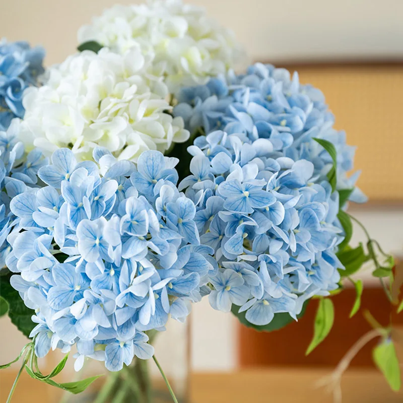 Blue Artificial Hydrangea Flowers Real Touch Green Artificial Hydrangea Branches Decoration Wedding Bouquet Flower Arrangement