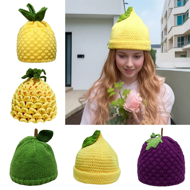 Handmade Crochet Fruit Theme Hat 2000s Styles Creative Shape Skull Hat For Women Girl Knitted Warm Winter Cap Headwear