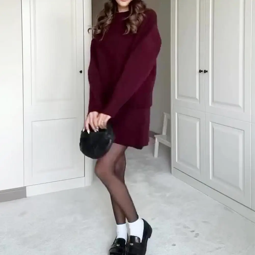 Pullover Sweater Skirt Set Sweater Set Knit Sweater Skirt Set Cozy O-neck Pullover with A-line Mini Skirt Solid Color for Women