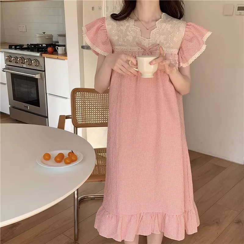 Korean Embroidery Lace Patchwork Summer Pajamas Set Women Ruffles Casual Pink Plaid Shirts + Shorts Loose Sweet Sleepwear Bow