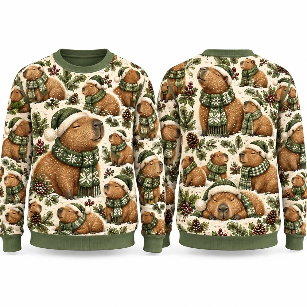 Hot Christmas Capybara Ugly Christmas Sweater for Men Women Festive Holiday Party Crewneck Pullover Long Funny Gift Sweaters
