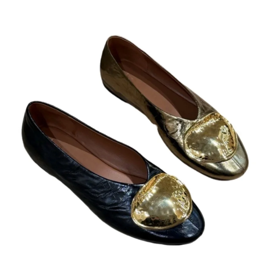 Women Metallic Gold Flat Shoes Heart Metal Decor Round Toe Slip On Ballet Flats Soft Casual Daily Party Ladies Footwear BH0801