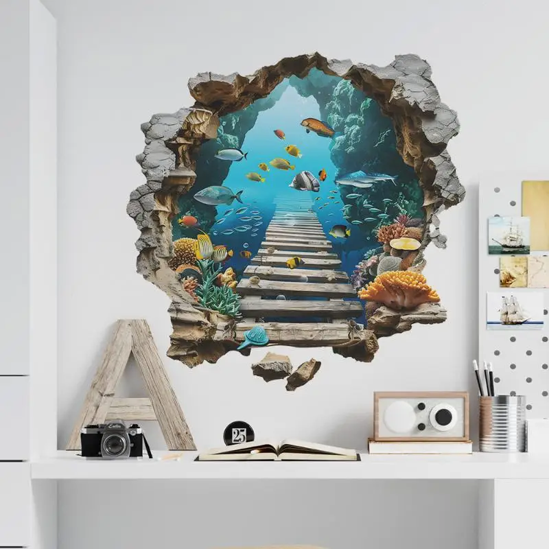 3D Wall Breaking Wall Stickers Living Room Wall Decor Boys Children's Room Underwater World Wall Stickers