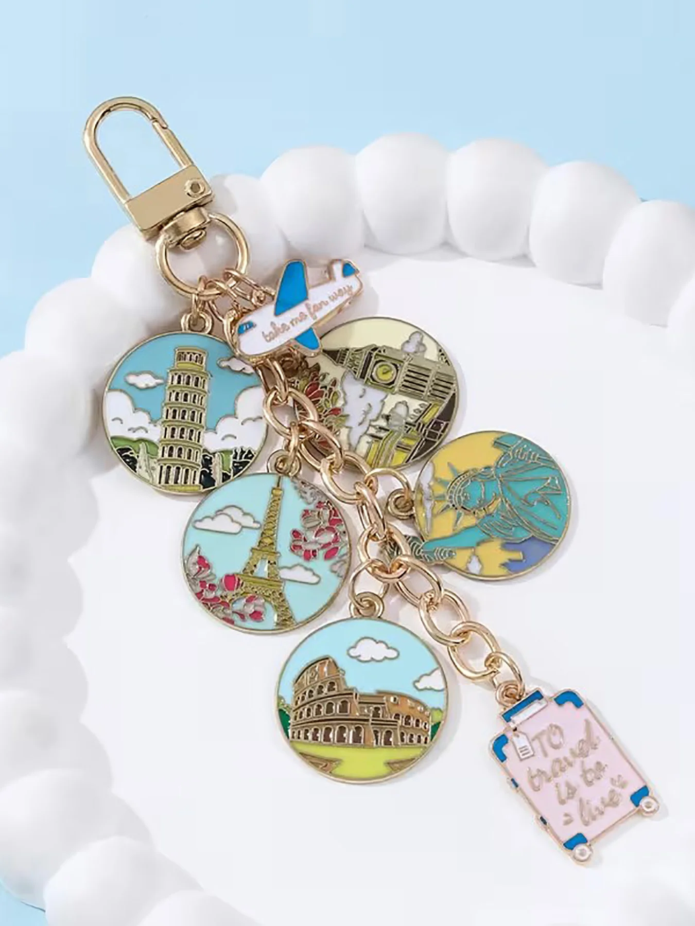 Cartoon Enamel Keychain with World Famous Landmarks, Handmade Travel Gift for Men & Women
