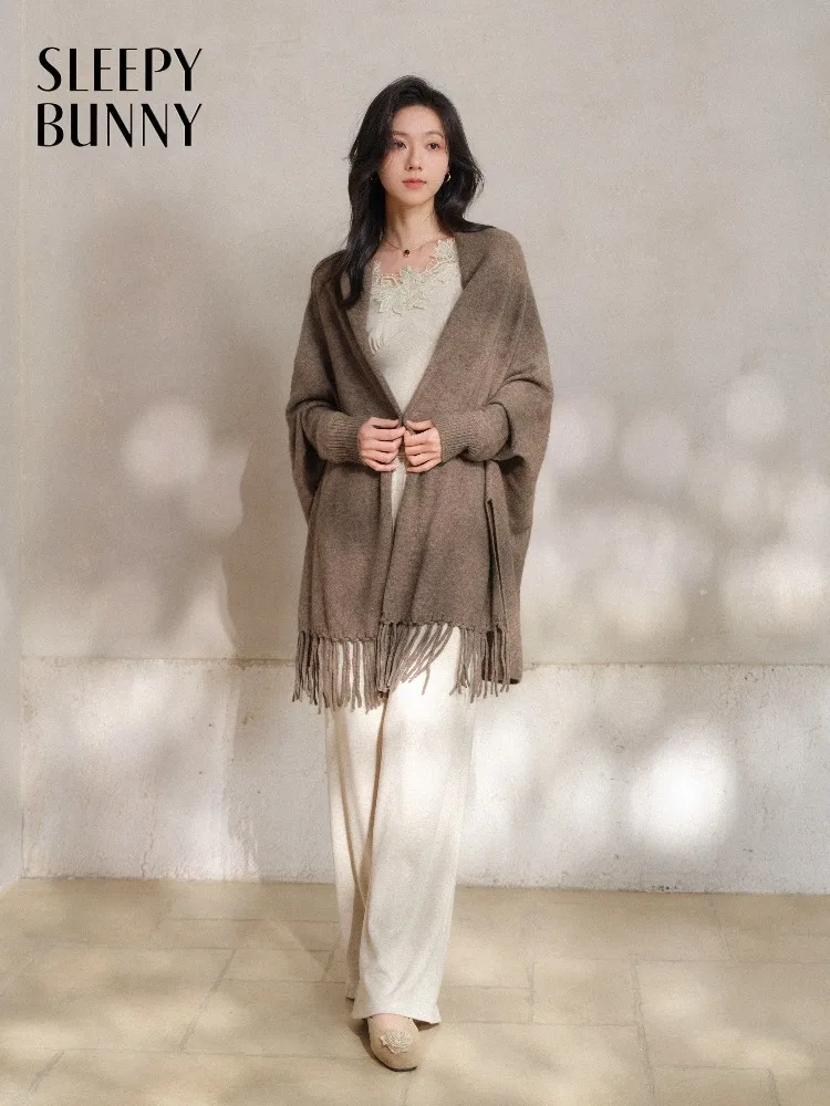 

Элегантный шерстяной кардиган с бахромой и шалью для женщин, свободный вязаный свитер с запахом, пальто, мягкая теплая верхняя одежда на осень, повседневный офисный образ