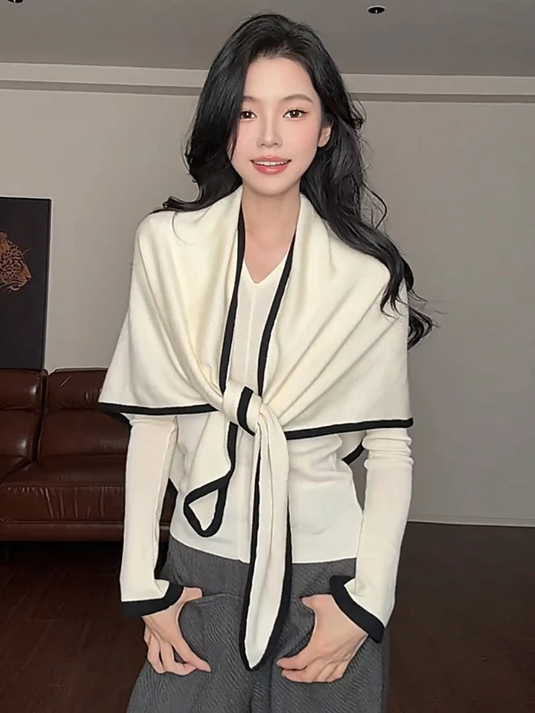 

White V-Ne Color Blo Knitwear Women's Autumn Winter Faion Classy Slimming Top Korean Sle Regular Fit Medium Softn