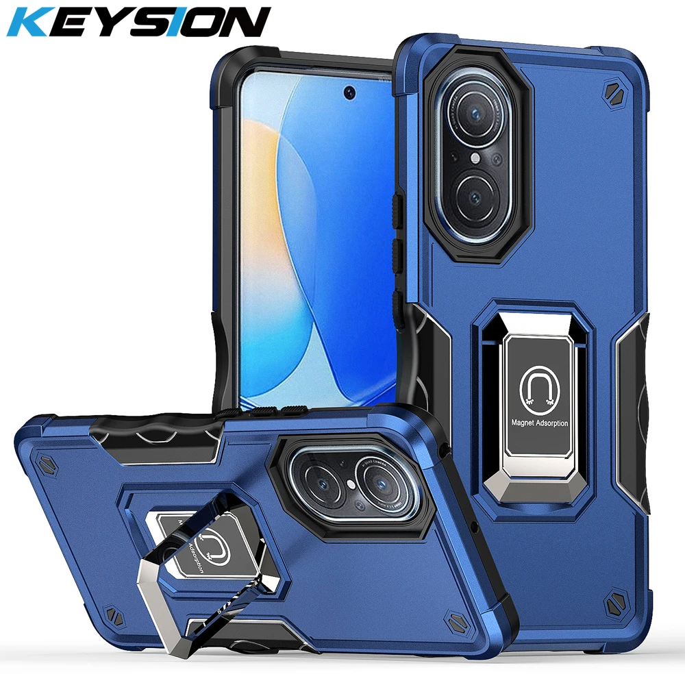 

KEYSION Shockproof Armor Case for Huawei Honor 50 Soft Silicone + PC Metal Ring Stand Phone Back Cover for Huawei Nova 9