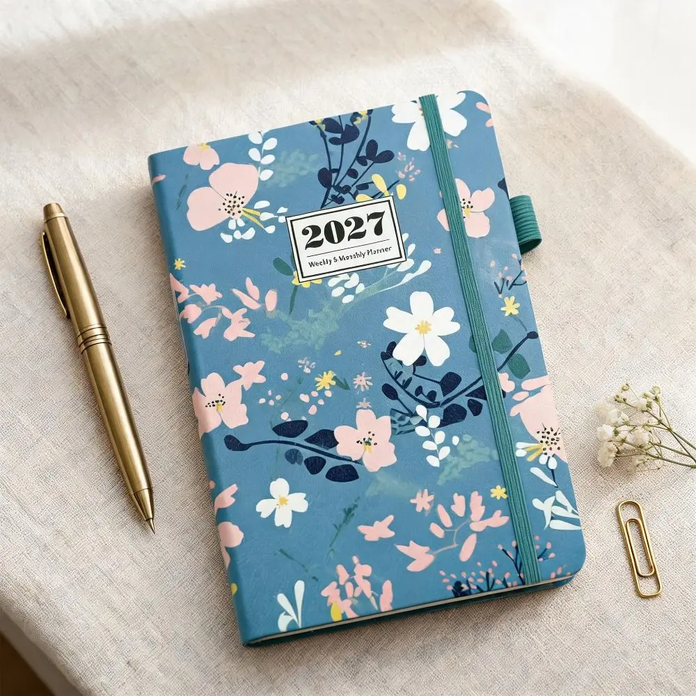 English 2027 Schedule Planner Notepad Flower Design 12 Months A5 Agenda Planning Notebook Leather Cover Efficiency