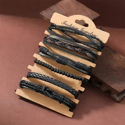 6pcs Men's PU Leather Punk Street Style Black Handmade Men Minimalist Twist Bracelet