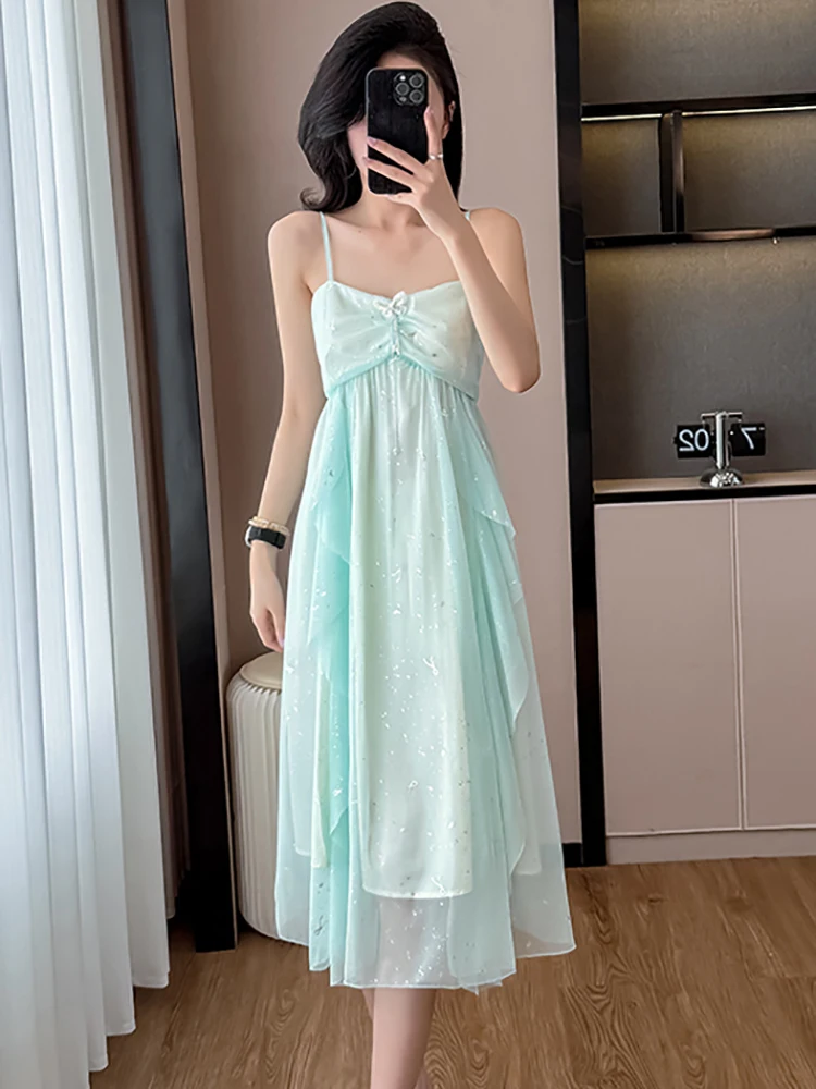 2025 Green Sequins Chic Ruffled Sling Long Dress+Long Sleeve Blouses Two Piece Sets Women Summer Elegant Casual Holiday Dresses
