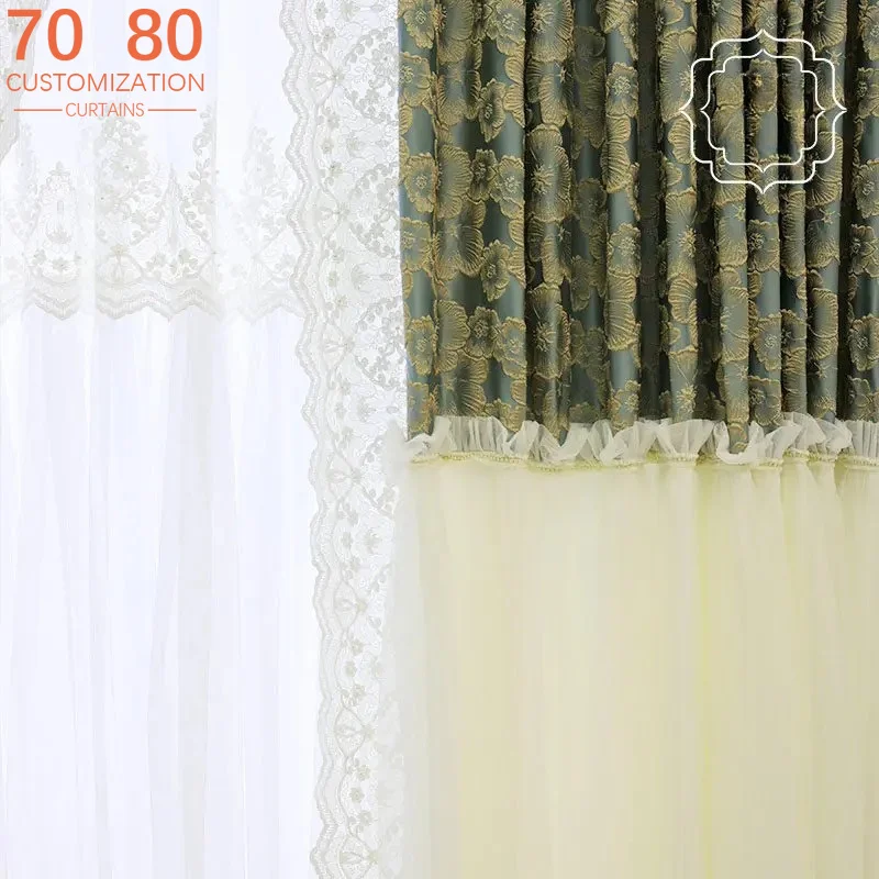 French Luxury Cream Princess Blue Jacquard Skirt Curtains for Living Room Bedroom Window French Window Screen White Tulle