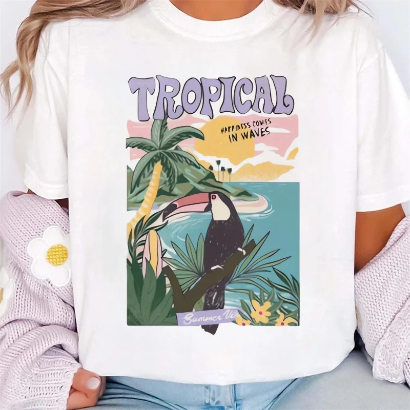 Fresh Pear Pattern Printed Cute Basic T-Shirt Street Short Sleeved Beach Vacation Printed Women's Top Fashionable Travel T-Shirt