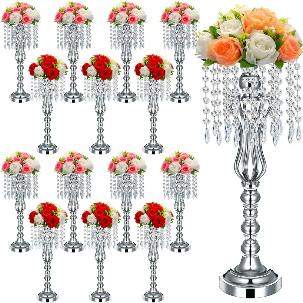 

16 Pcs Wedding Centerpieces for Tables, Gold Silver Vase Centerpiece with Chandelier Crystal Metal Flower Stand, Tall Flower Vas