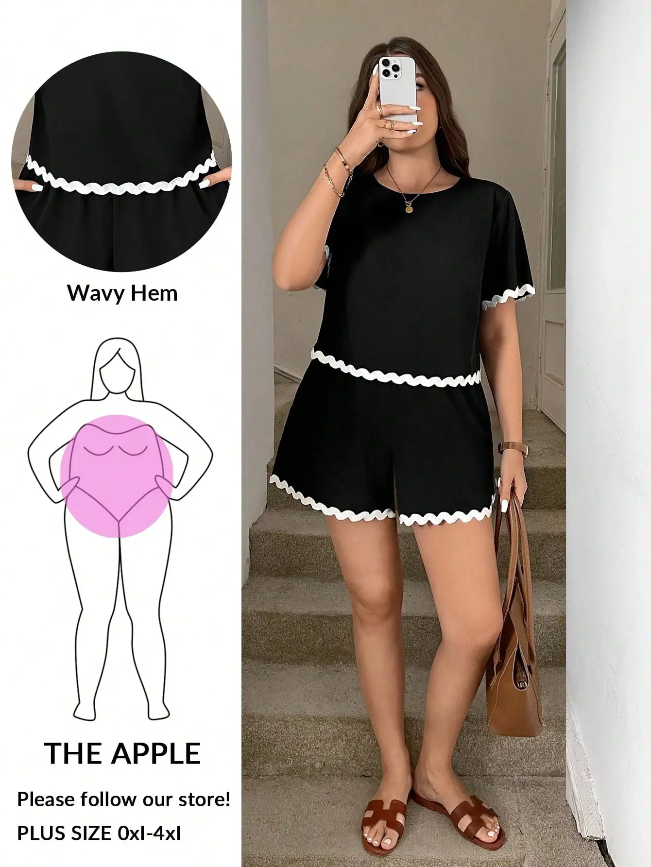 

Черный комплект из двух предметов больших размеров: топ с волнистым краем и шорты, свободный крой для повседневной носки