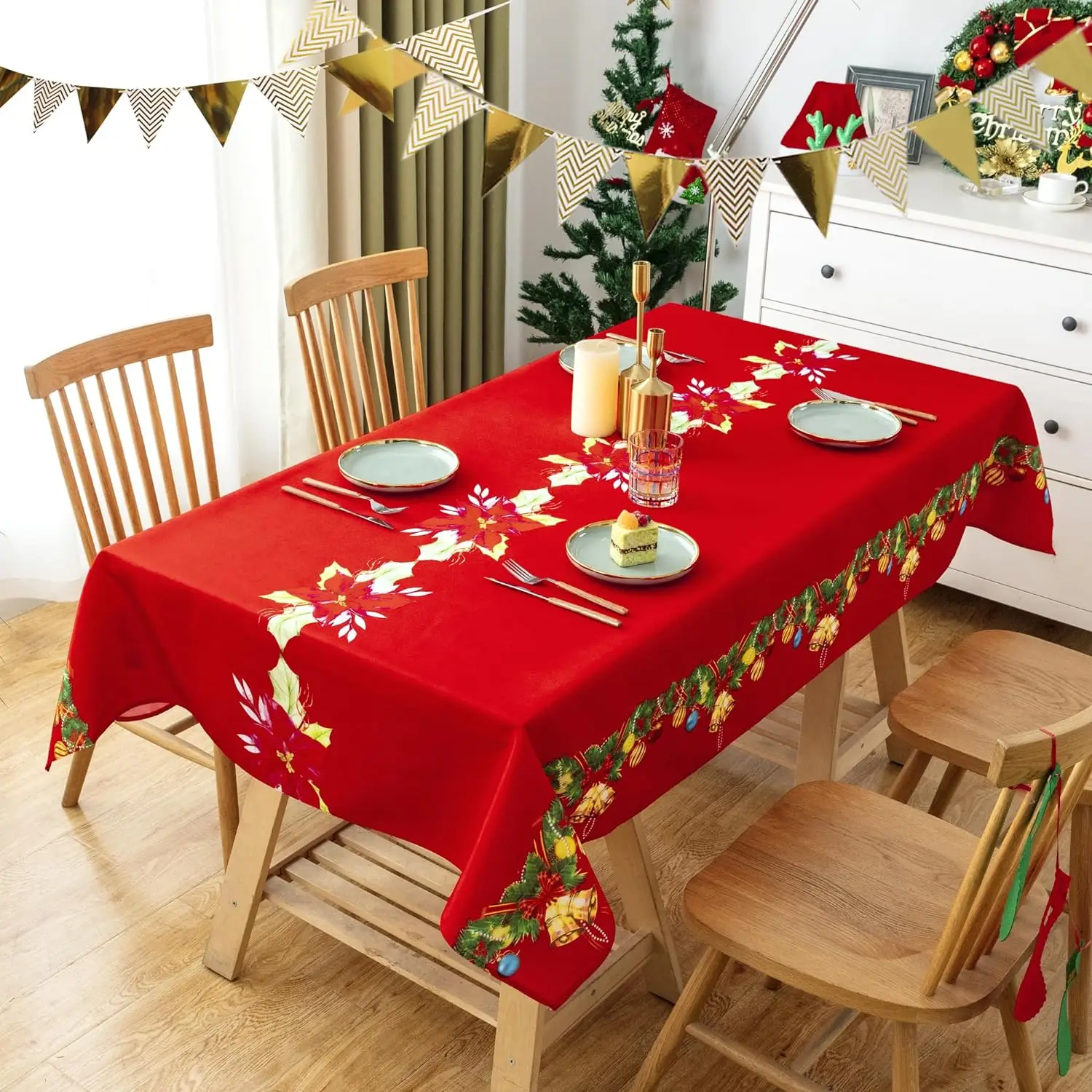 Christmas Table Cloth Flower Pattern Polyester Fabric Tablecloth Water Resistance Protector Table Cover Holiday Party Home Decor