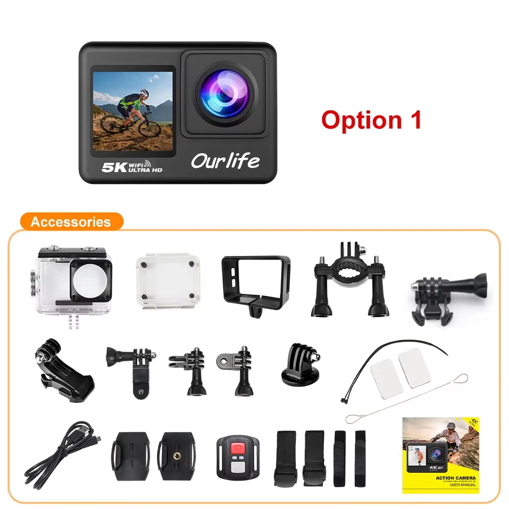 Ourlife 5K-actiecamera 4K60FPS 2,0 inch touchscreen WiFi 170 °   Groothoek 30M waterdichte fiets motorfietsen sportcamera's