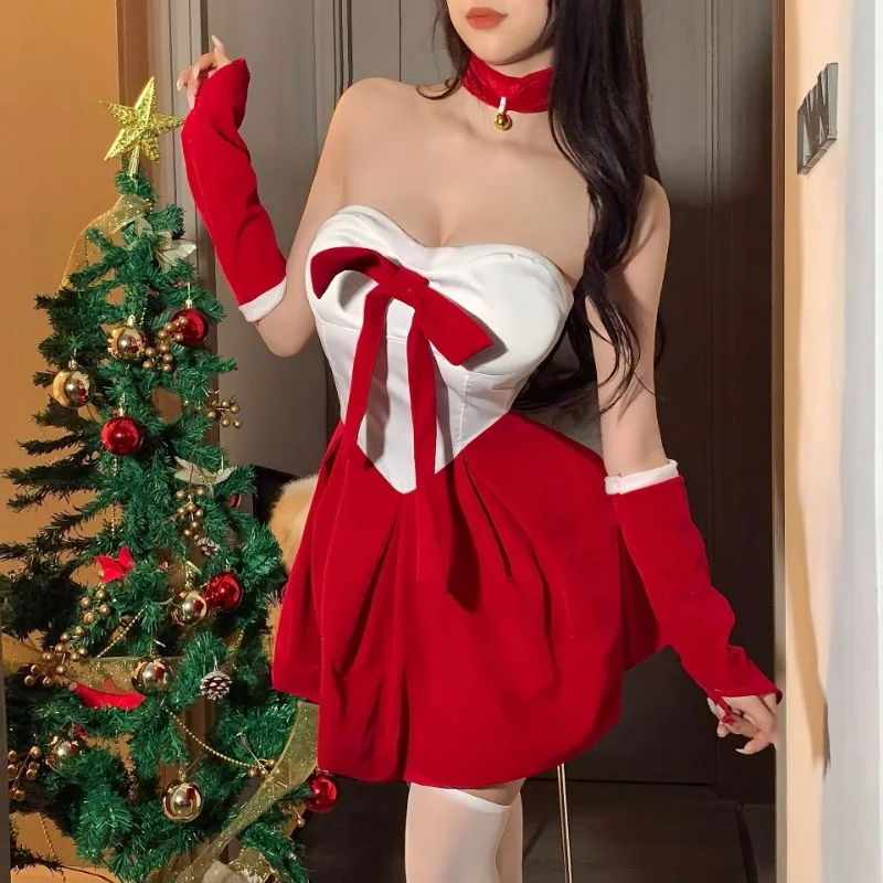 TTYL طبطب MM عيد الميلاد جديد المخملية الحلو القوس خارج على الكتف الخريف/الشتاء الأحمر منتفخ فستان قصير مجموعة للنساء فساتين غريبة