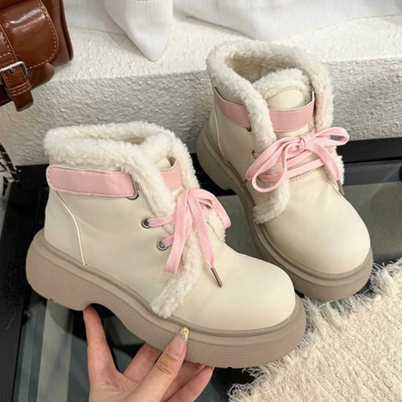 

Women Lace Up Heeled Ankle Boots Fashion Plush New Shoes 2025 Winter Designer Elegant Short Boots Casual Sneaker Cozy Zapatillas