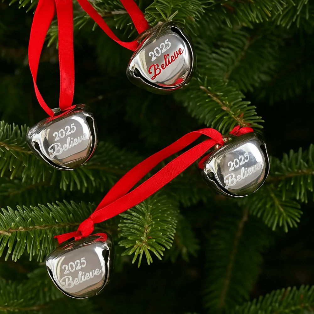 

5pcs Red Ribbon Christmas Hanging Bells Silvery Metal Letter Christmas Tree Bells Cross Opening Handmade Xmas Tree Ornament