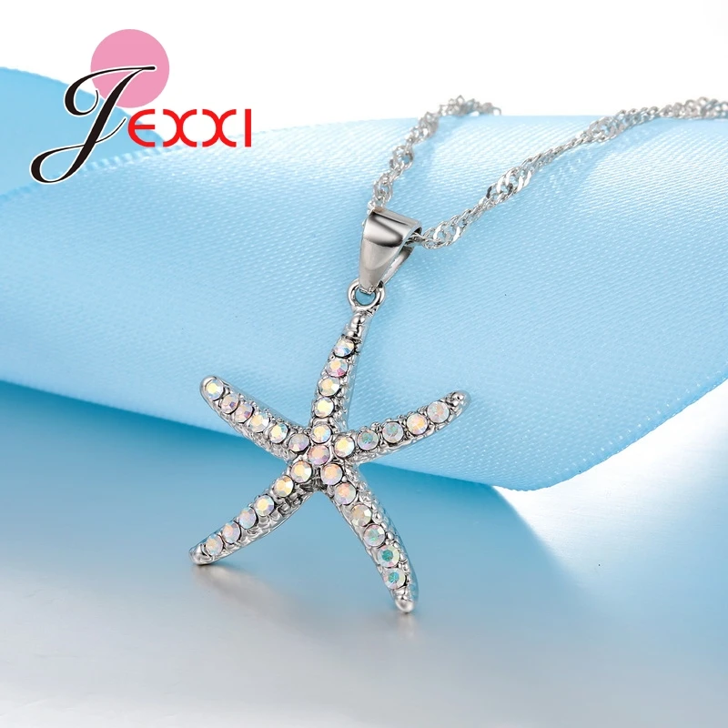 Fashion Woman Jewelry Sets Sweet Starfish Necklace & Earrings With New Pendant 925 Sterling Silver  CZ Jewelry