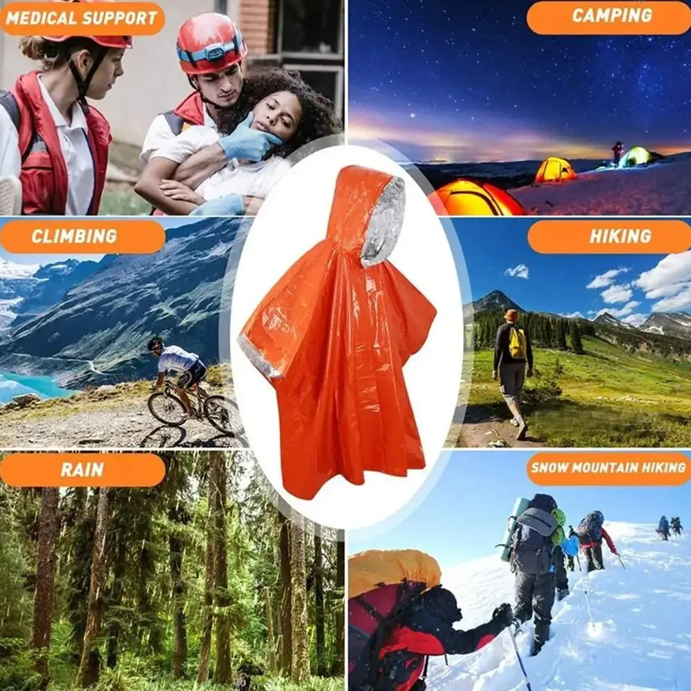 1Pcs Hiking Travel Tent Rainwear Emergency Raincoat Hooded Sleeve Waterproof Camping Rain Poncho 3 In 1 Heat Reflective