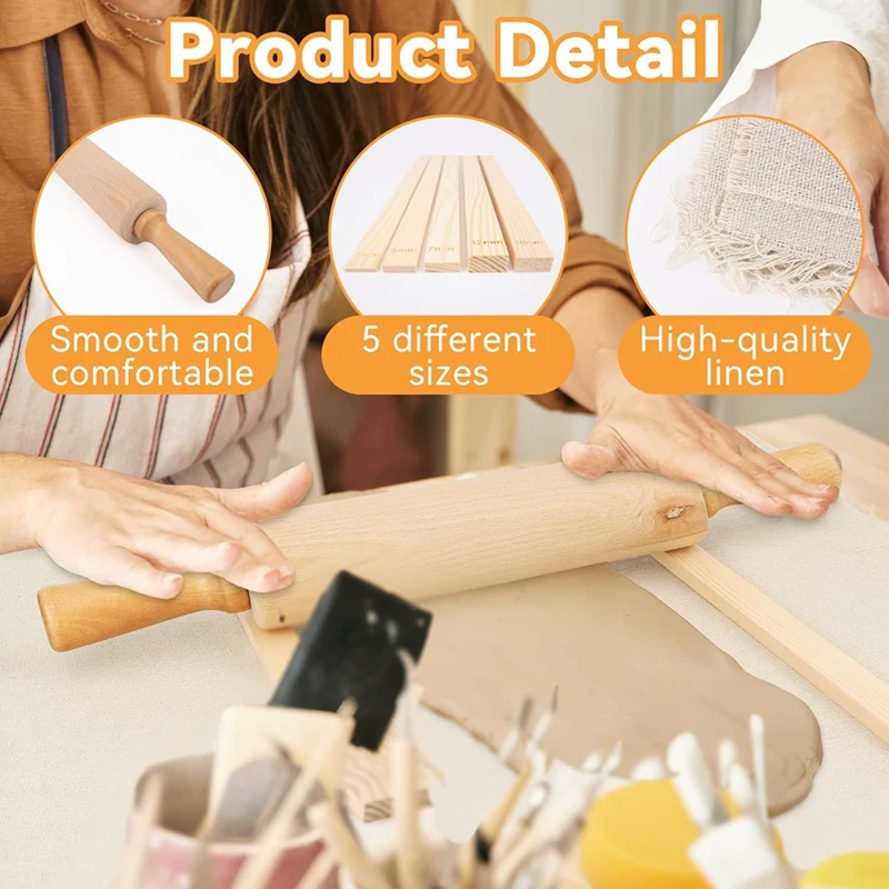 20Pcs Pottery Teaching Kit,with Rolling Pin,Pottery Teaching Rolling Mud Sticks,Clay Sculpting Tools and Premium Linen-A33R