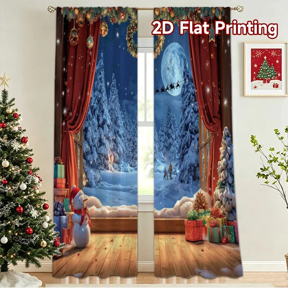 2D flat 2pcs Curtain Retro Country Style Christmas Snowy Scene Digitally printed polyester Festive Curtains Perfect for Outdoor