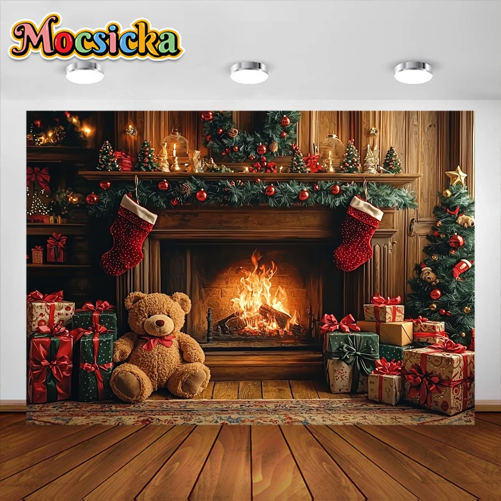 Christmas Photography Background Xmas Tree Fireplace Toy Bear Holiday Supplies Decoration Family Photo Portrait Studio Props