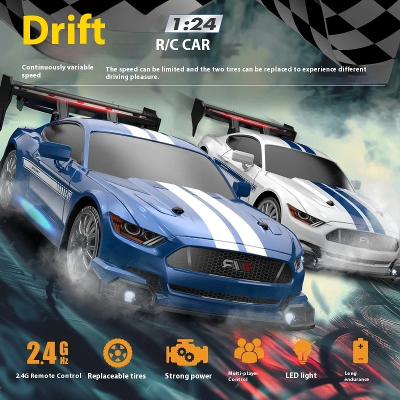 1/24 Rc Drift High-Speed Car With Led Lights Remote Control Four-Wheel Drive Racing Vehicle 30km/H Multi Player Game Kids Toys