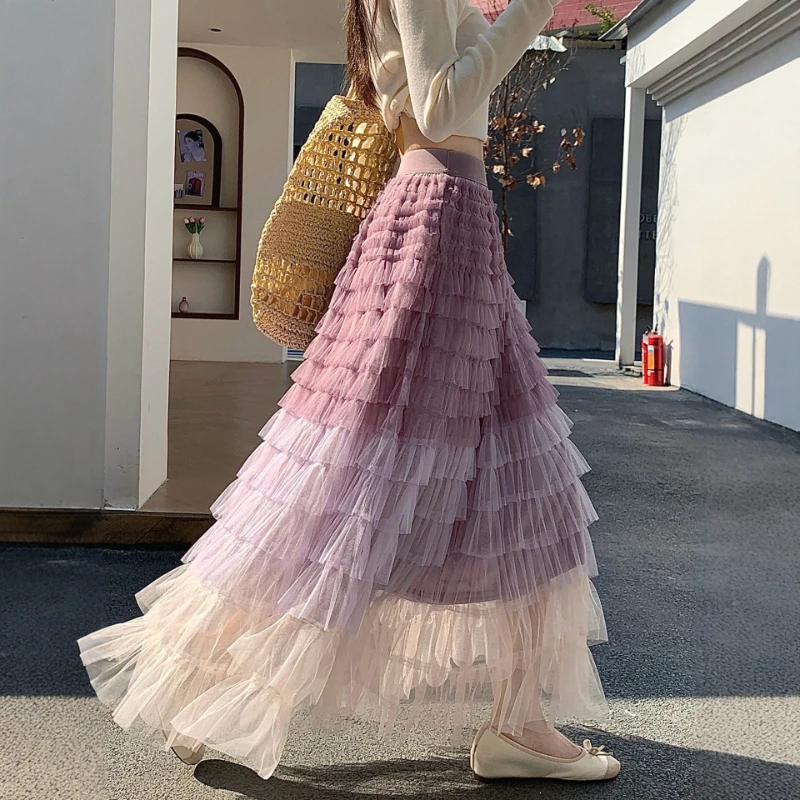 

2026 Summer High Waisted Multi-layer Cake Temperament Gradient Color Mesh Skirt for Women