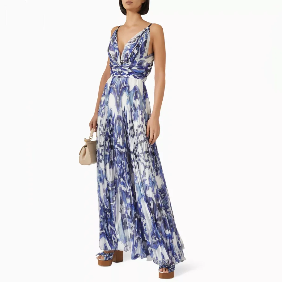 

Sexy Deep V Neck Blue Porcelain Print Belted Backless Strapless Dress Beach Long Skirt City Commute Daily Occasion Party