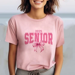 2025 Senior&bowknot Print Women’s Tshirt Pink Bowknot Pattern Girls Tee Shirt Graduation 2025 High School Student Shirt Clothes