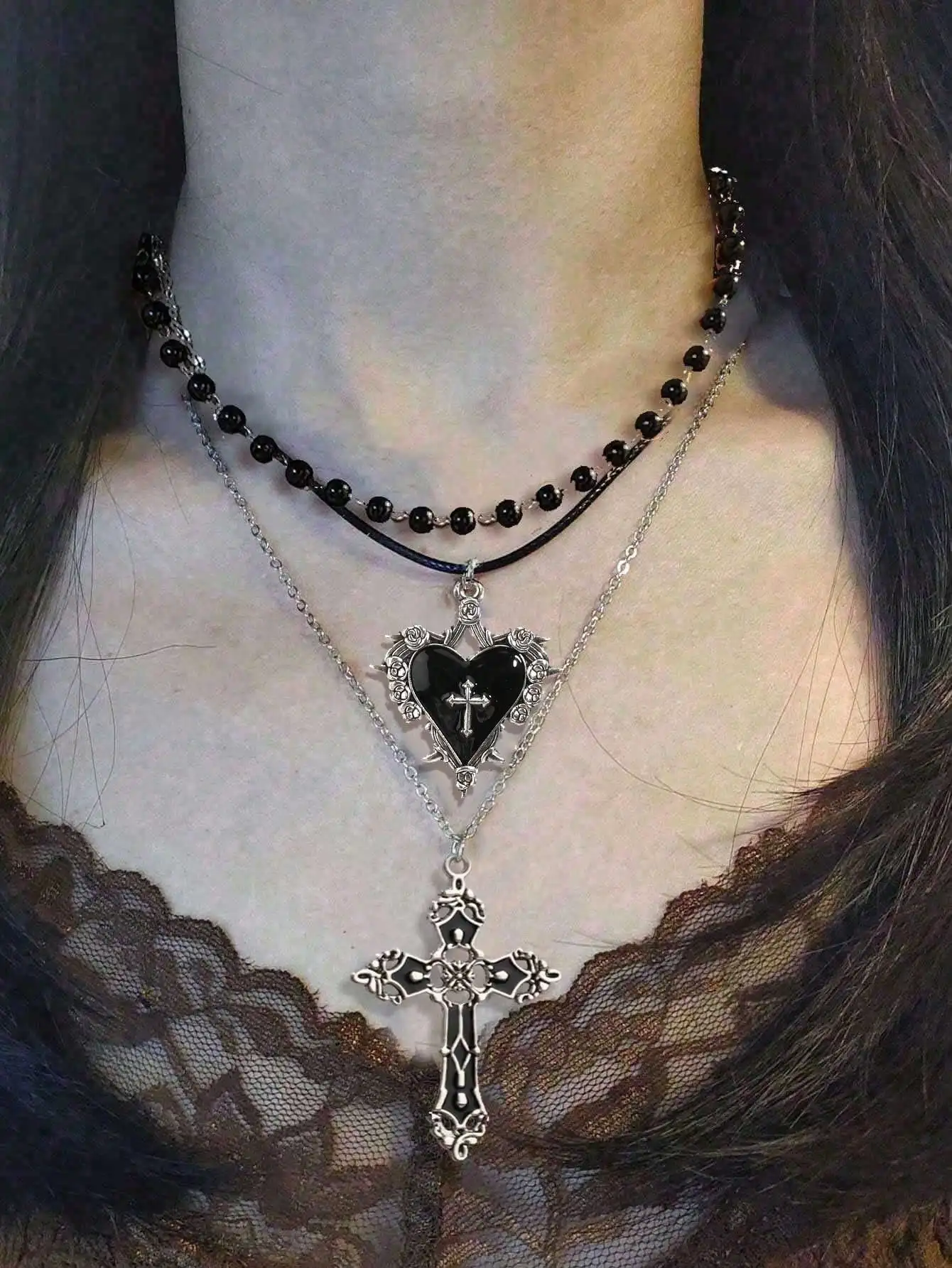 3pcs Vintage Gothic Style Black Pearl Flower Heart Cross Necklace Set, Y2K Necklace Jewelry Set For Women