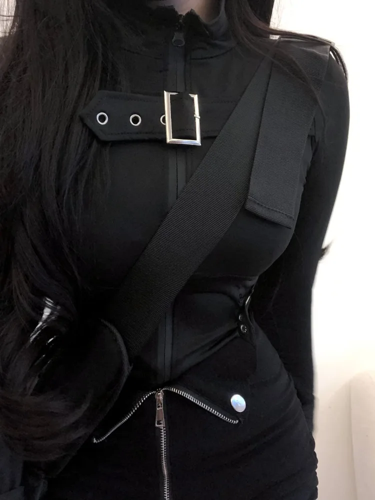2024 Summer New Slim Fit Zipper Long Sleeve Black Tops Women+ Drawstring Ruched High Waist Shorts Y2k E-Girl Two Piece Sets