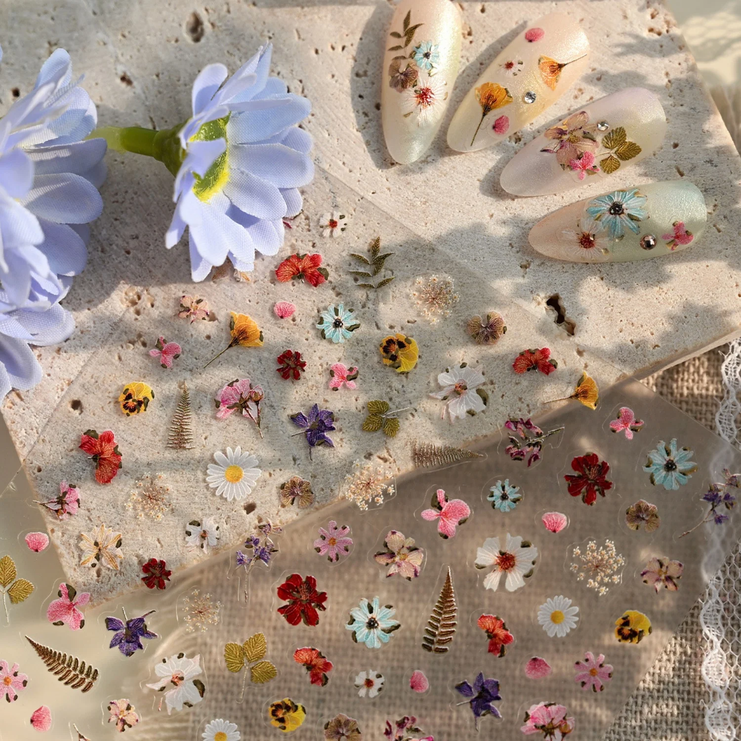 5D Embossed Nail Art Stickers Vintage Dried Flowers Small Buds Japanese Pastoral Style Artificial Dry Flower Nail Manicure Decor
