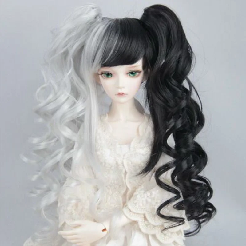 

1/3 1/4 1/6 Doll's Wig for 60/45/30cm Bjd Doll Black Gray Double Tone Double Ponytail Curly Hair Toys Doll Accessories, No Doll