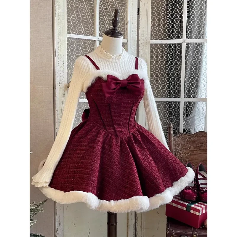 Women's Sweet Lolita Style Dress Sets Women Elegant Bow Plush Shawl Short Jackets Mini Skirts Suit Kawaii Christmas 3 Piece Set