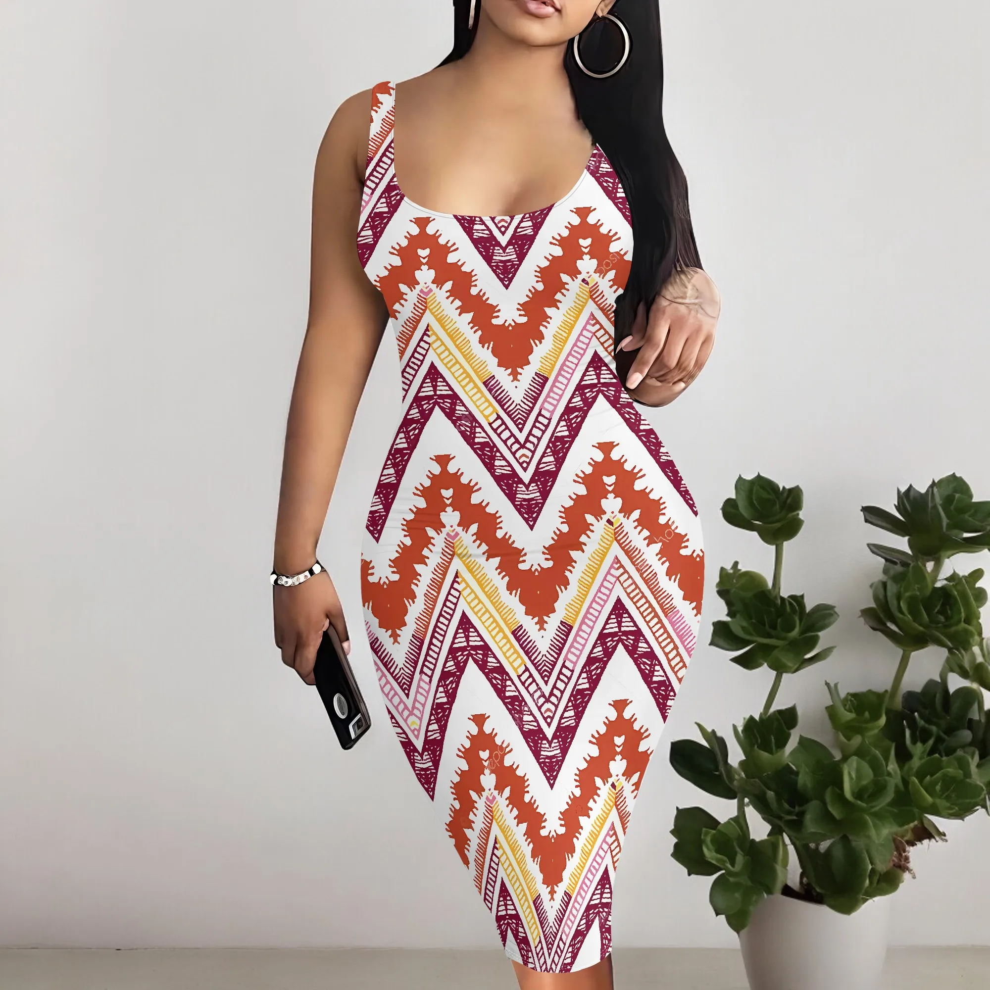 

EQQZD Sexy Sleeveless Round Neck Suspender Midi Dress, Stylish Simple Wave-like Stripes Print Dress for Women