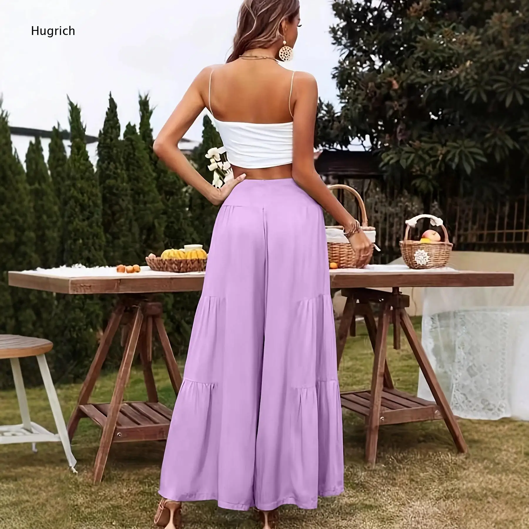 Women Lavender Purple High Waist Tiered Ruffle Wide Leg Pants Flowy Layered Palazzo Vacation Trousers