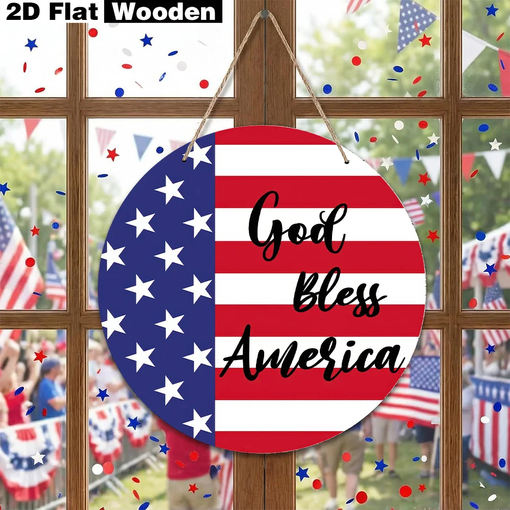 2D Round Wooden Hanging Sign American Flag Patriotic Theme Decor Foyer Wall Decor Home Holiday Arrange Decor Independence Day