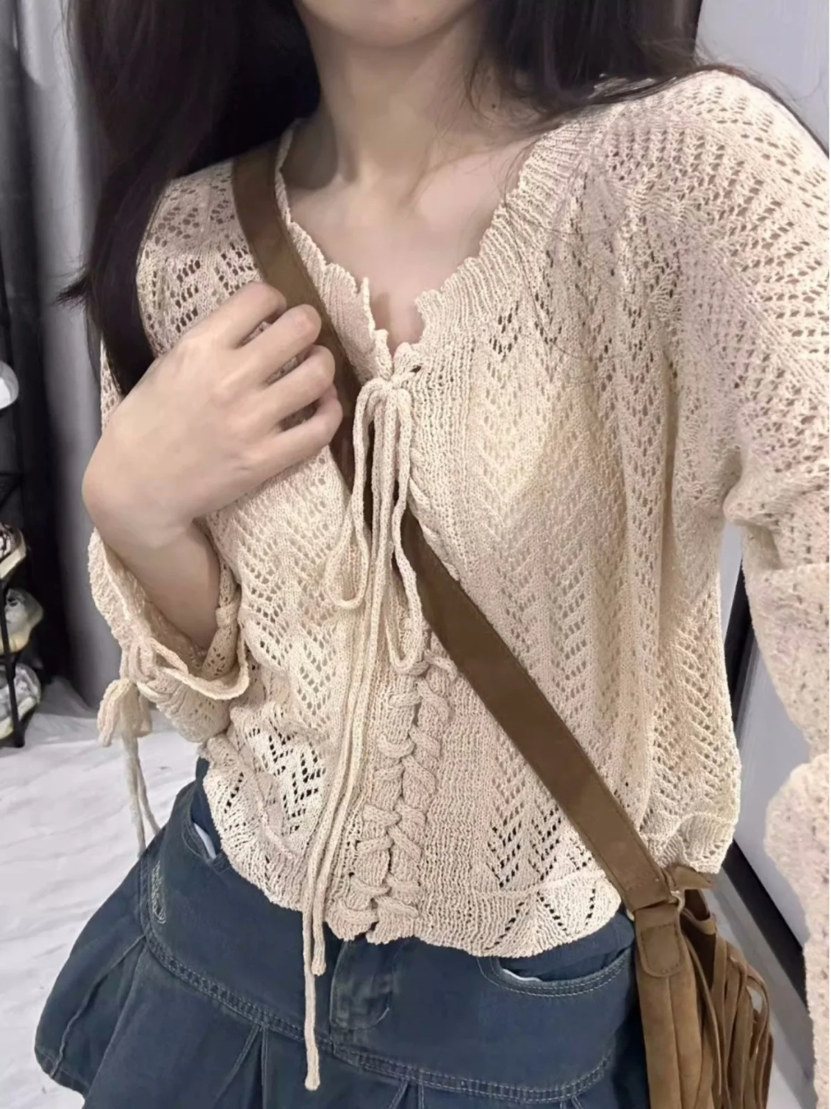 

Sweet Sle Loose Knitted Open Cardigan Women's Spring Summer Thin Hollow V-Ne Long Sve ort Coat Lightweight Outerwear