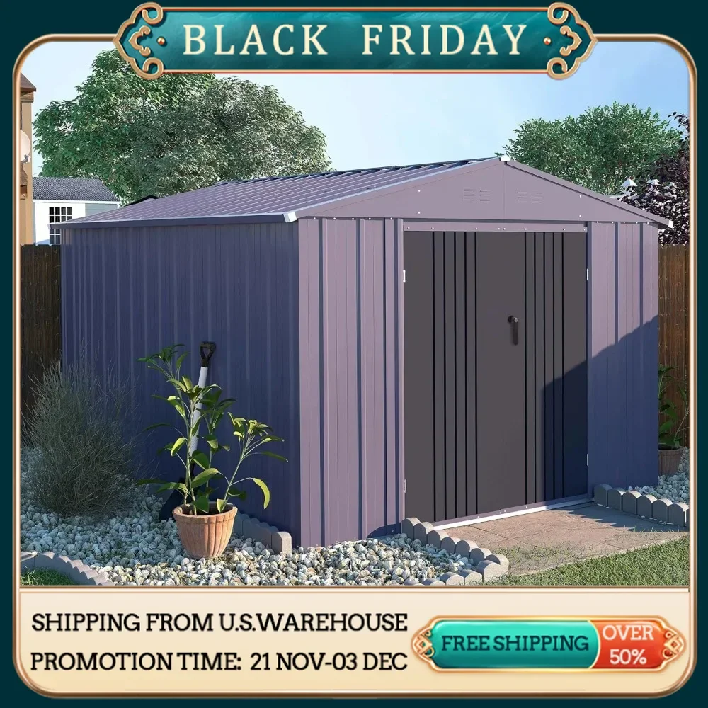 

8 x 10 feet storage shed, outdoor with lockable doors and ventilation openings, courtyard garage, garden tools metal shed