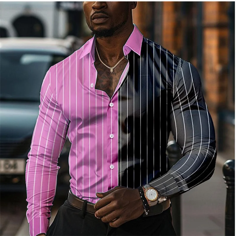 Business Casual Men\'s Line 3D Printed Shirt Formal Summer Spring Autumn Lapel Long Sleeve Shirt XS-6XL Fast Shipping 2024