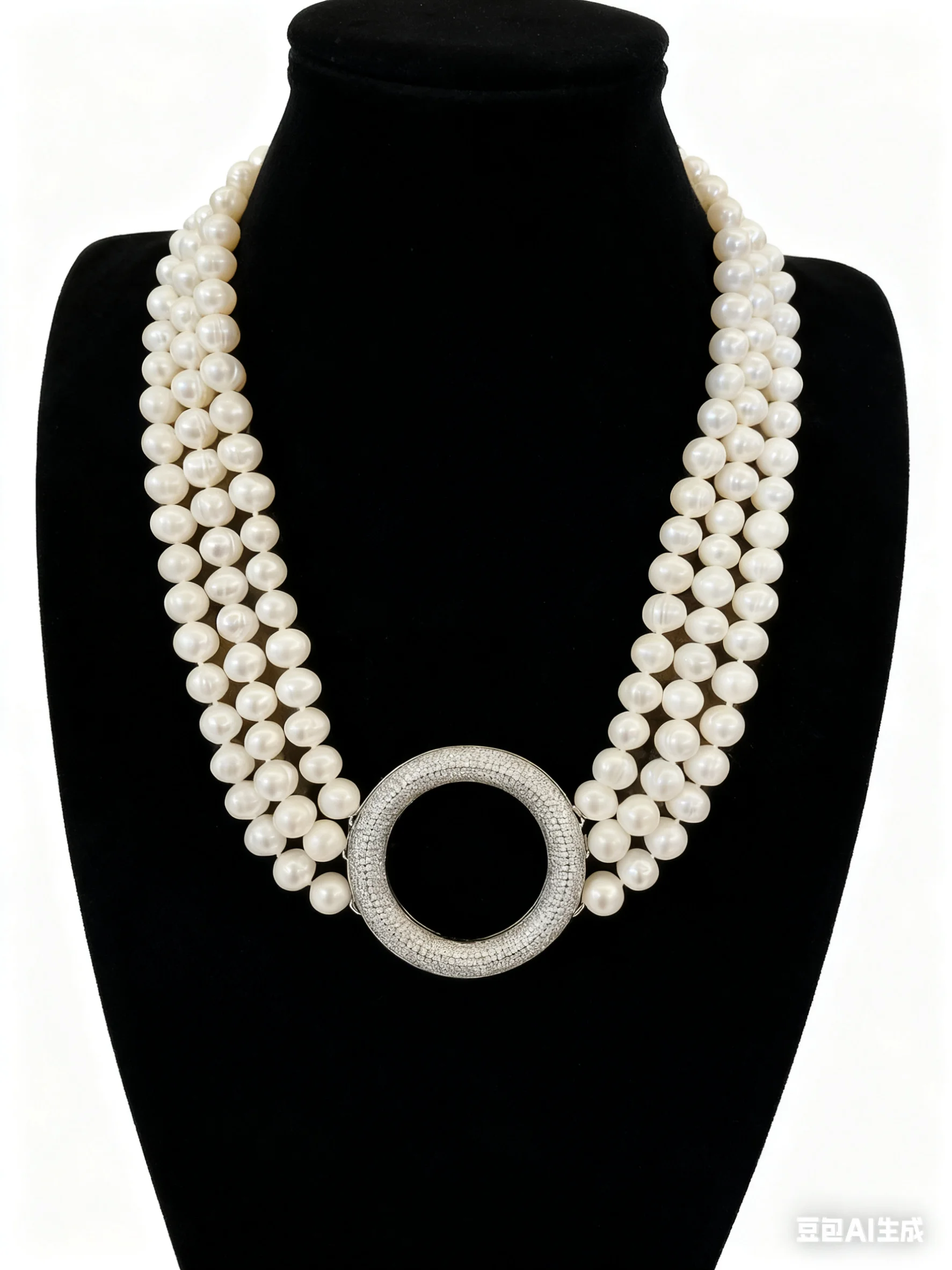 

3 Rows Natural 8-9mm White Pearl Necklace Blue Round CZ Clasp For Women