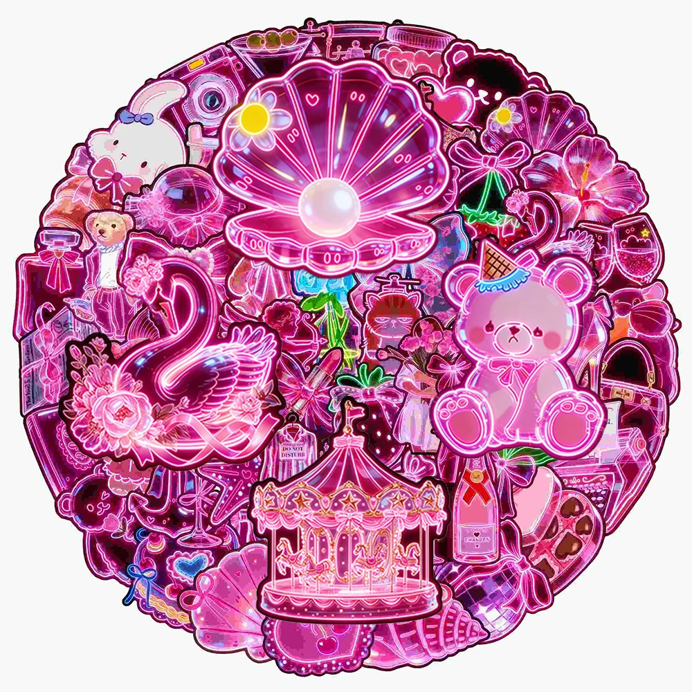 

10/30/60pcs Cute Cartoon Neon Pink Girls Stickers Kawaii Aesthetic Sticker Waterproof DIY Suitcase Phone Laptop Graffiti Decals