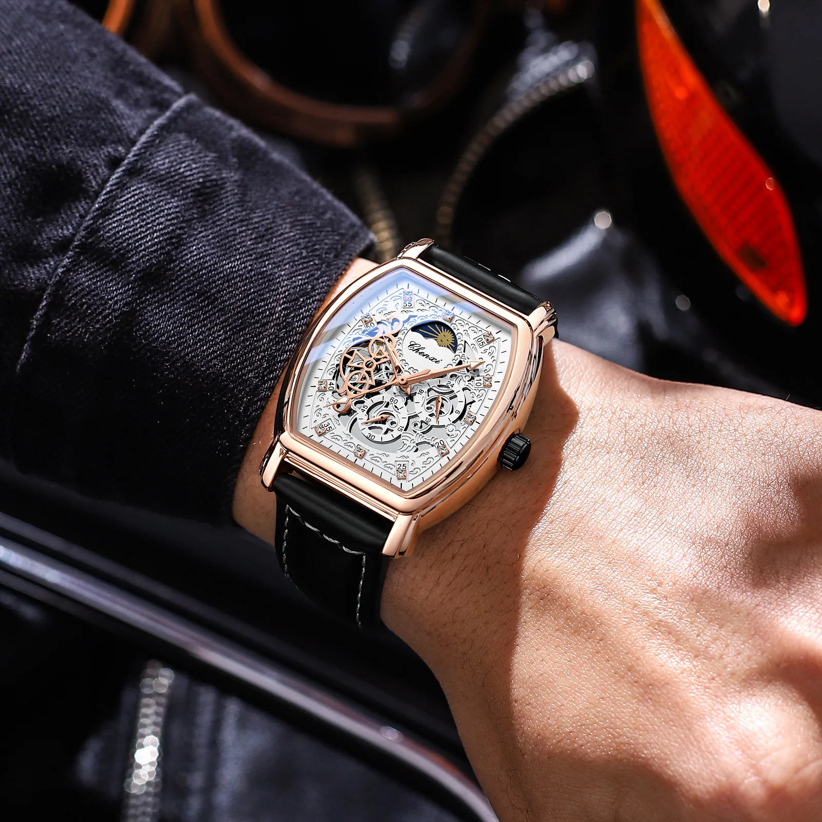 2026 new sun, moon and stars barrel-shaped automatic mechanical watch, men's luminous hollow mechanical watch