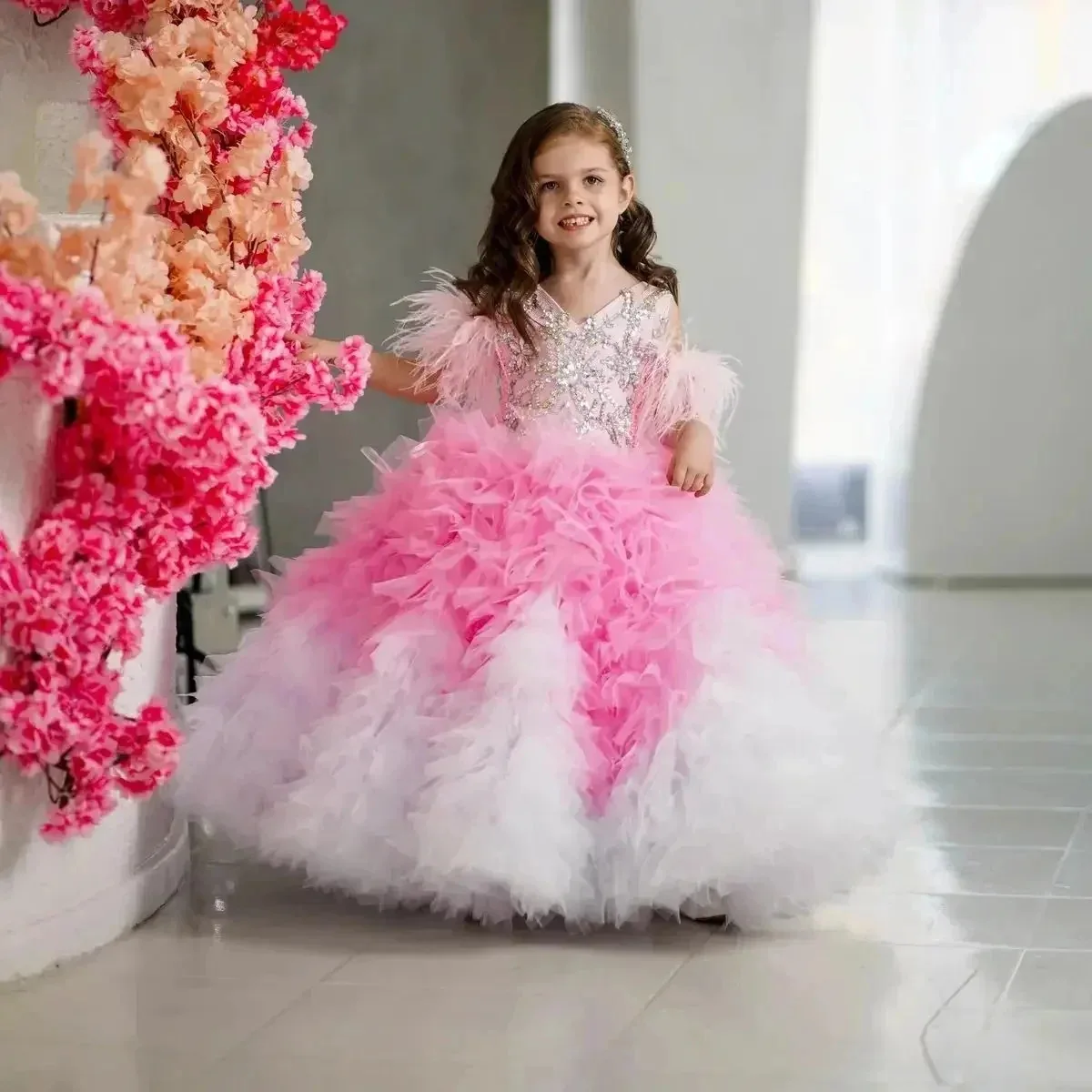 Tulle Kids Luxe Birthday Custom Luxury Dress Flower Girl Wedding Pageant Pink Gradient Feather Guest Formal Evening Shows Gown