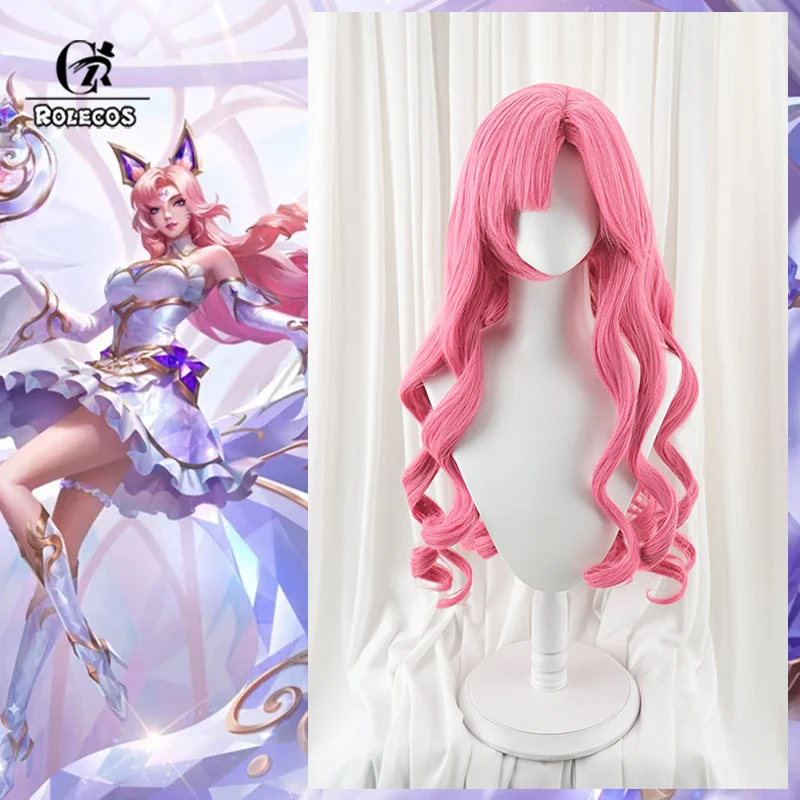 ROLECOS 게임 LOL 향수 보석 아리 코스프레 가발 70cm 핑크 컬러 여성 가발 내열성 합성 머리카락